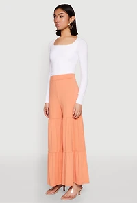 Womens High Waisted Tiered Palazzo Pants, Orange, Size XL