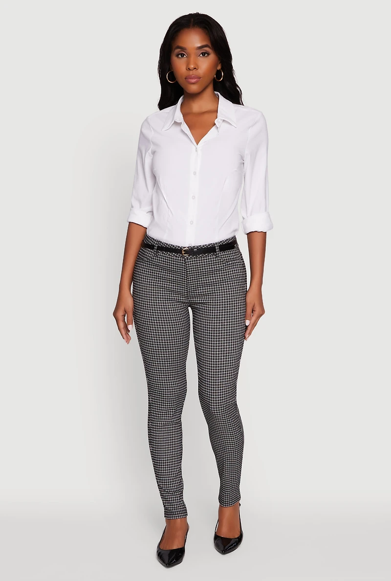 Womens Plaid Skinny Leg Dress Pants with Belt, Multi,