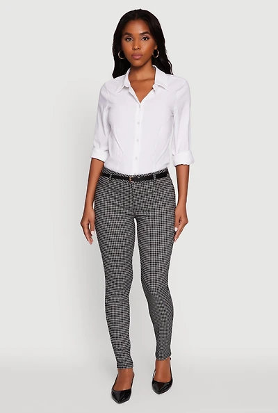 Womens Plaid Skinny Leg Dress Pants with Belt, Multi,