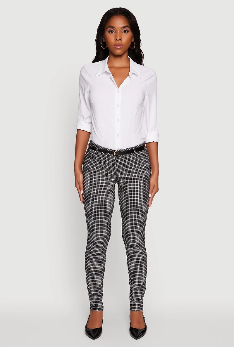 Womens Plaid Skinny Leg Dress Pants with Belt, Multi,