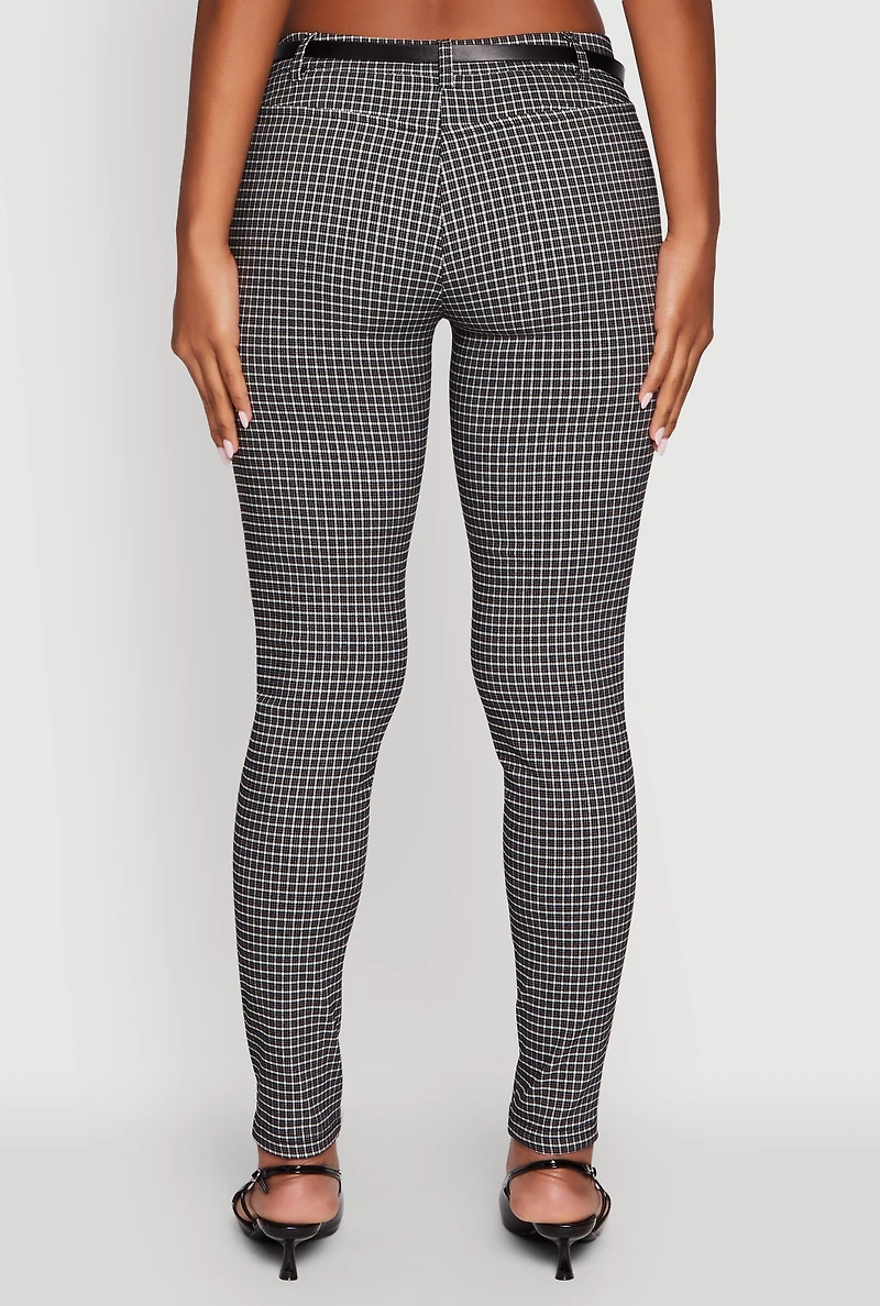 Womens Plaid Skinny Leg Dress Pants with Belt, Multi,