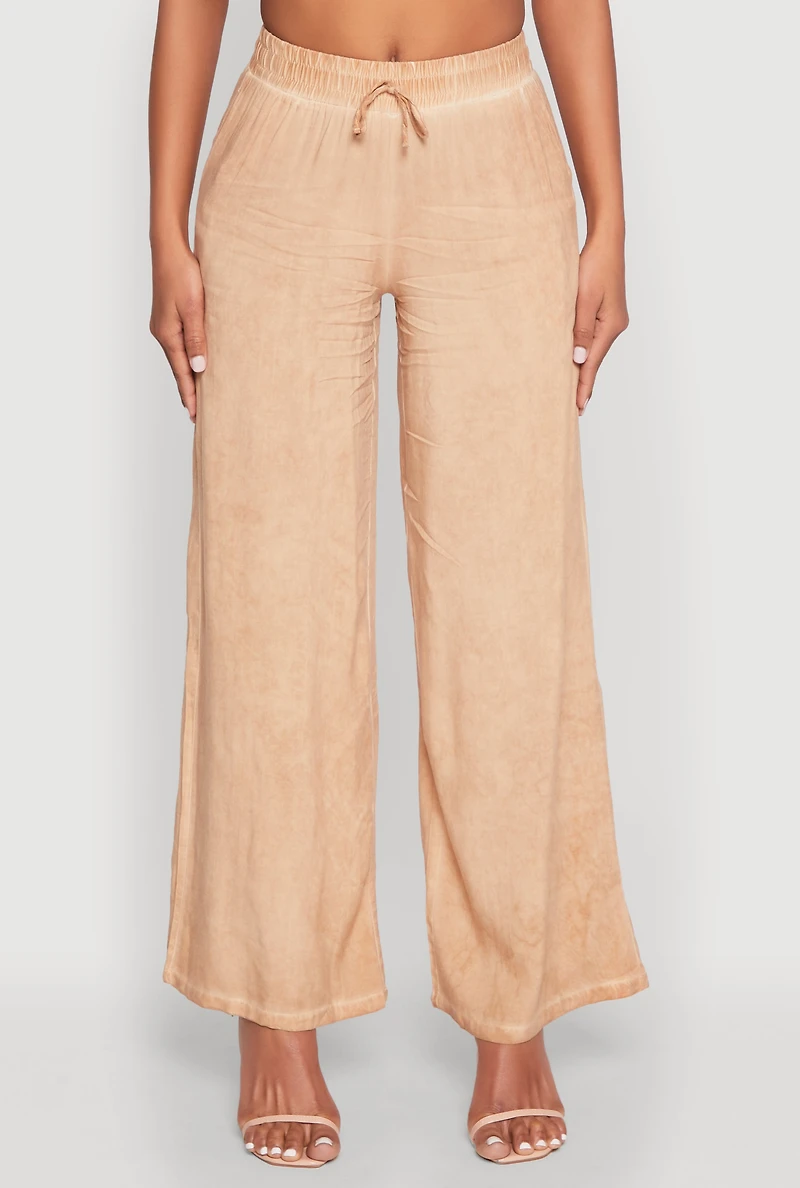 Womens Mineral Wash Palazzo Pants, Khaki, Size S