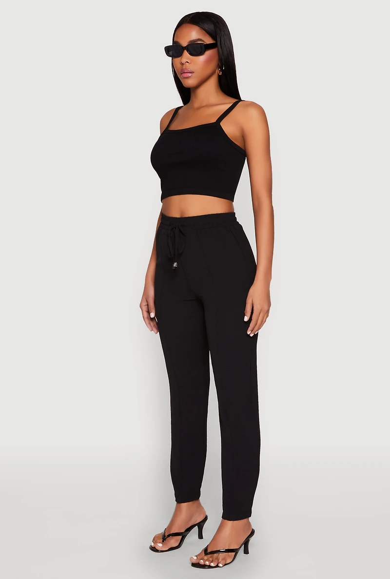 Womens Airy Drawstring Waist Pintuck Pants, Black,