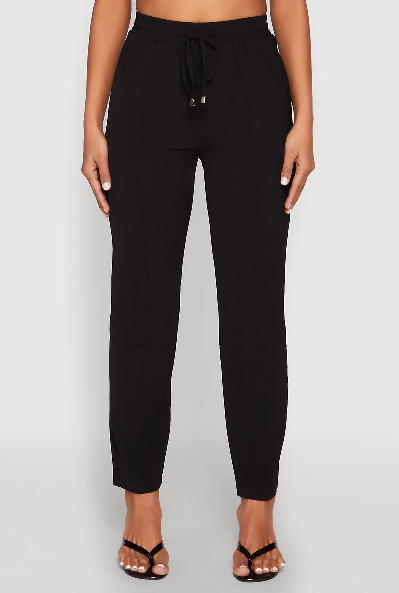 Womens Airy Drawstring Waist Pintuck Pants, Black,