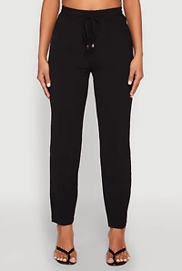 Womens Airy Drawstring Waist Pintuck Pants, Black,