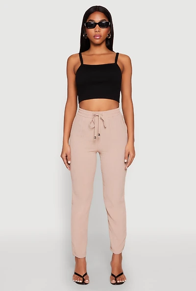 Womens Airy Drawstring Waist Pintuck Pants, Khaki, Size L