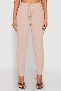 Womens Airy Drawstring Waist Pintuck Pants, Khaki, Size L