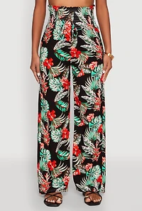 Womens Tropical Leaf Print Palazzo Pants, Multi, Size L