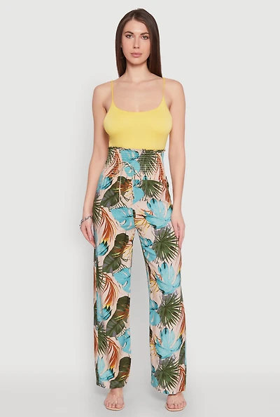 Womens Tropical Leaf Print Palazzo Pants, Multi, Size L