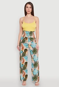 Womens Tropical Leaf Print Palazzo Pants, Multi,