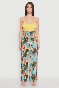 Womens Tropical Leaf Print Palazzo Pants, Multi,