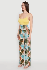 Womens Tropical Leaf Print Palazzo Pants, Multi,