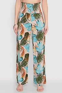 Womens Tropical Leaf Print Palazzo Pants, Multi,