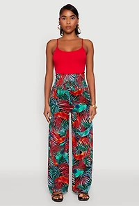 Womens Tropical Leaf Print Palazzo Pants, Multi,