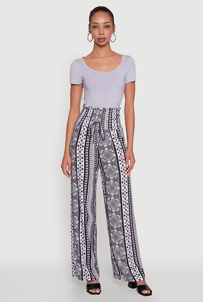 Womens Boho Border Print High Waisted Wide Leg Pants,
