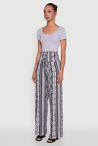 Womens Boho Border Print High Waisted Wide Leg Pants,