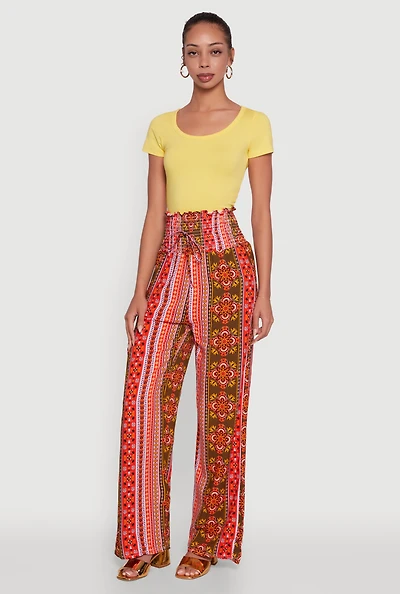 Womens Boho Border Print High Waisted Wide Leg Pants, Orange, Size L