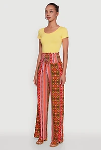 Womens Boho Border Print High Waisted Wide Leg Pants, Orange, Size L