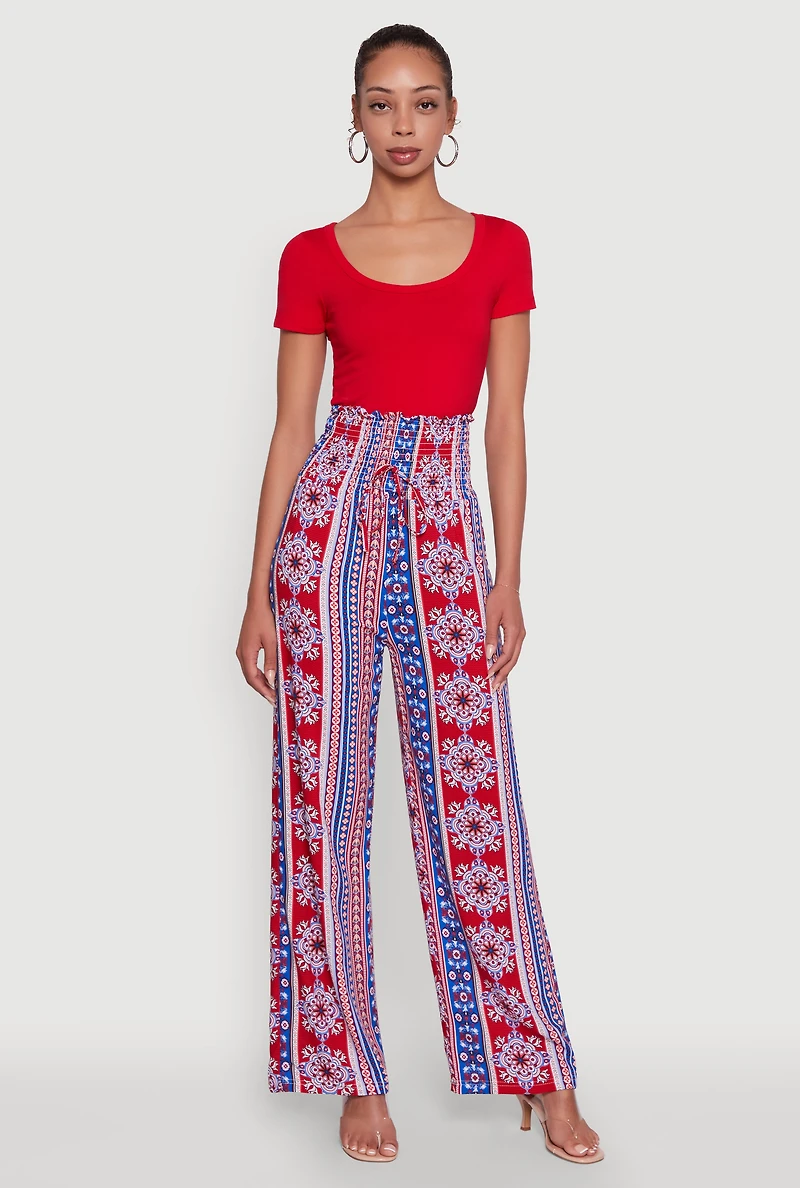 Womens Boho Border Print High Waisted Wide Leg Pants, M