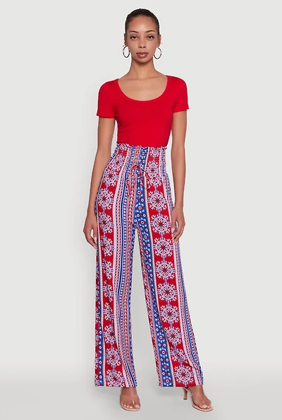 Womens Boho Border Print High Waisted Wide Leg Pants, M