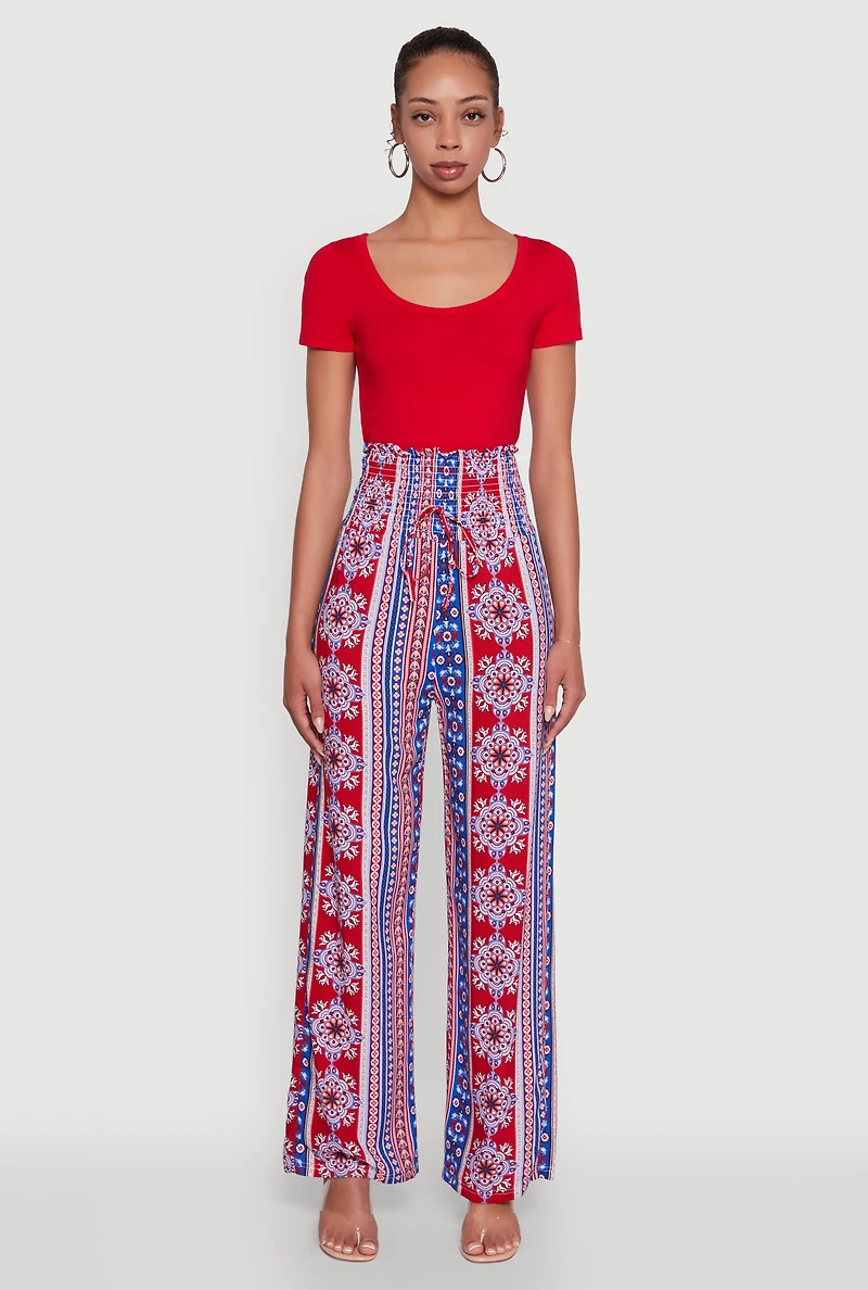 Womens Boho Border Print High Waisted Wide Leg Pants, M