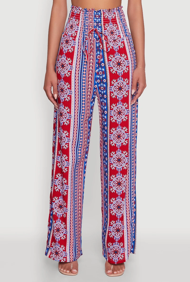 Womens Boho Border Print High Waisted Wide Leg Pants, M
