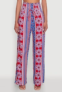 Womens Boho Border Print High Waisted Wide Leg Pants, M