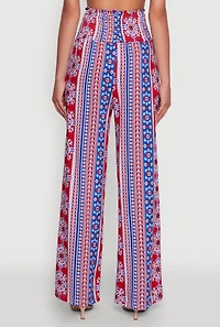 Womens Boho Border Print High Waisted Wide Leg Pants, M