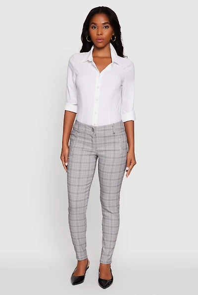 Womens Mid Rise Plaid Skinny Dress Pants, Grey, Size L