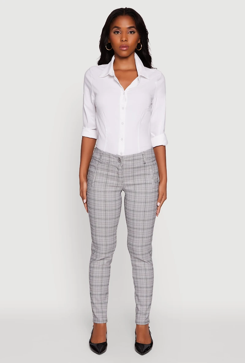 Womens Mid Rise Plaid Skinny Dress Pants, Grey, Size S