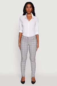Womens Mid Rise Plaid Skinny Dress Pants, Grey, Size S