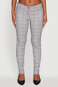 Womens Mid Rise Plaid Skinny Dress Pants, Grey, Size L