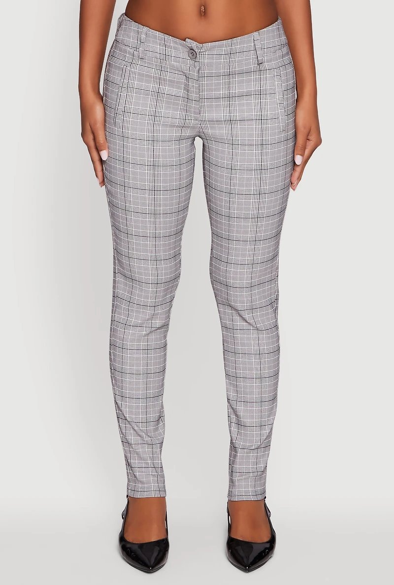 Womens Mid Rise Plaid Skinny Dress Pants, Grey, Size S