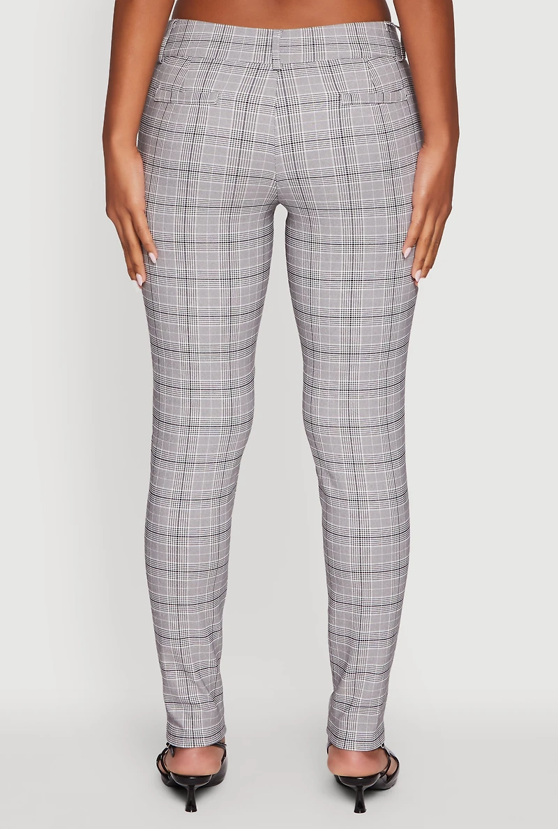 Womens Mid Rise Plaid Skinny Dress Pants, Grey, Size S