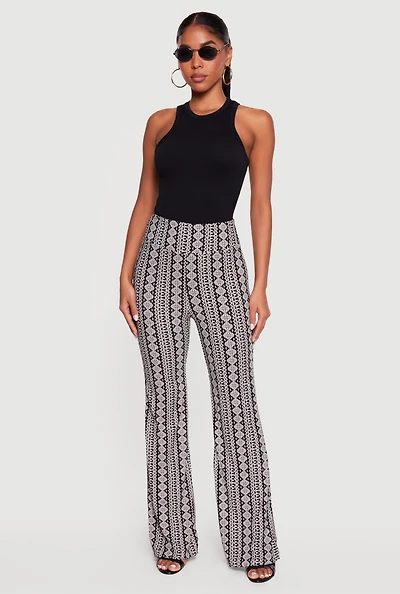 Geometric Print High Waisted Pull On Flare Pants