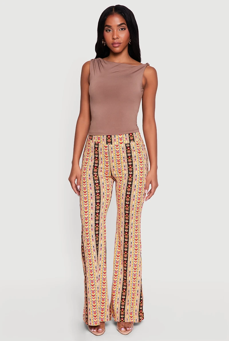 Geometric Print High Waisted Pull On Flare Pants