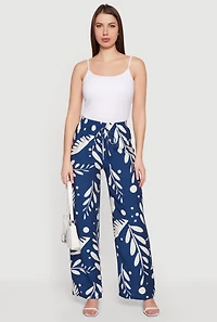 Floral Print Crepe Knit High Waisted Pull On Pants