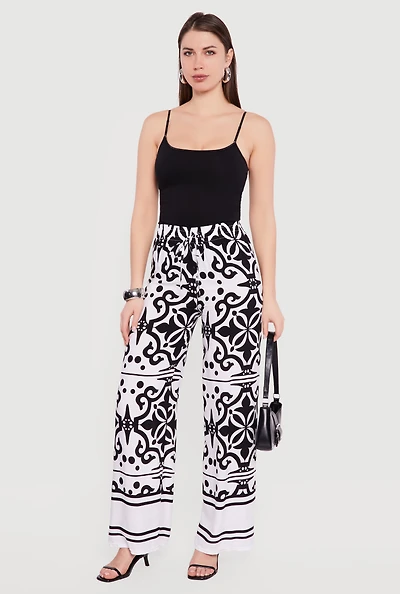 Patterned Drawstring Detail Pull On Wide Leg Pants