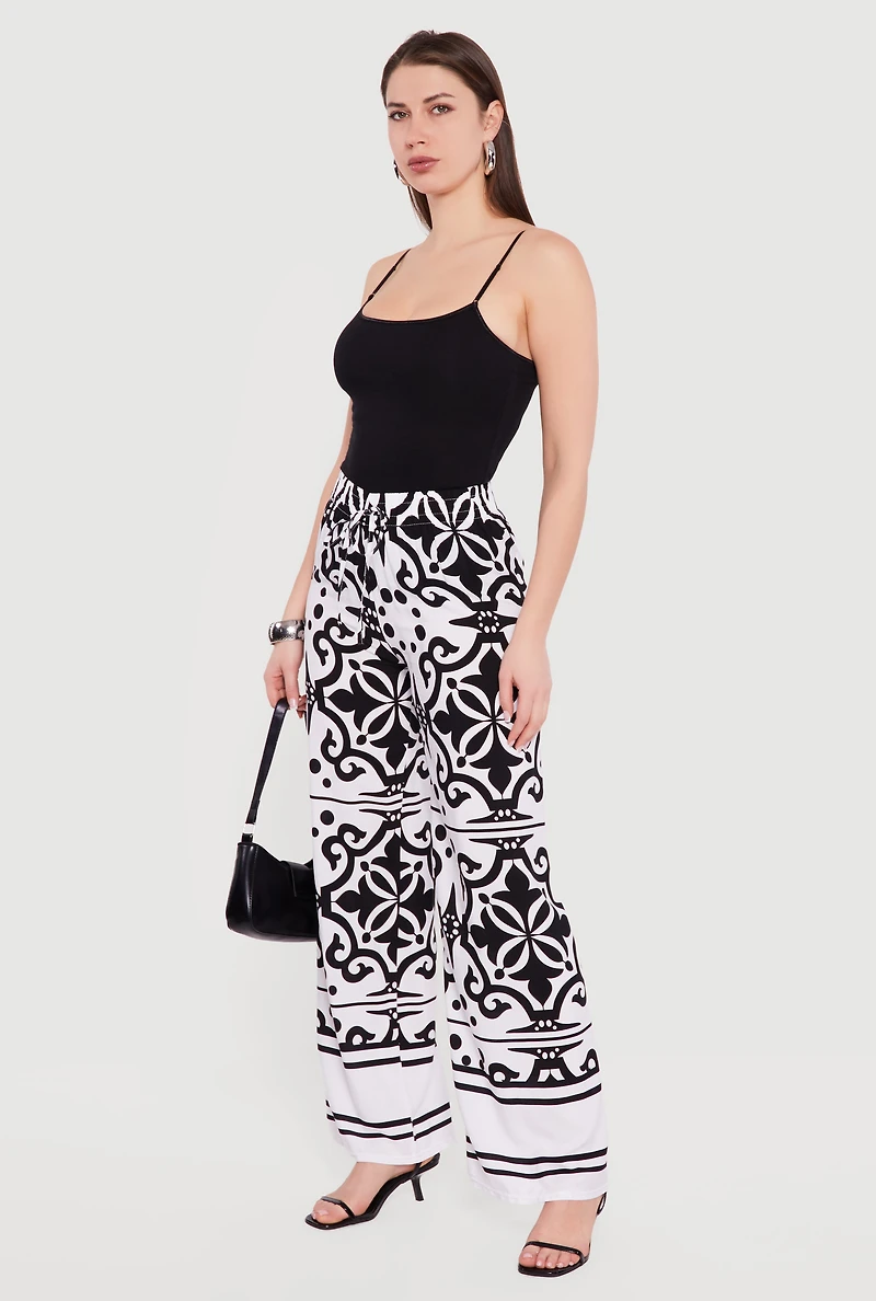 Patterned Drawstring Detail Pull On Wide Leg Pants