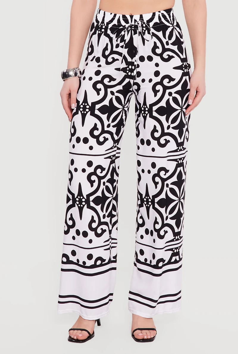 Patterned Drawstring Detail Pull On Wide Leg Pants