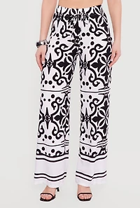 Patterned Drawstring Detail Pull On Wide Leg Pants