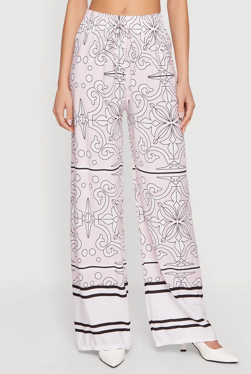 Patterned Drawstring Detail Pull On Wide Leg Pants