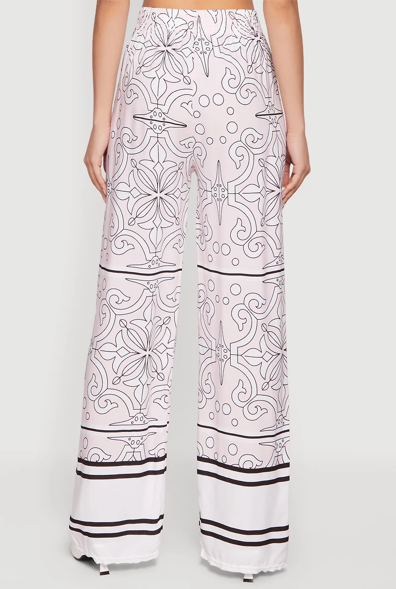 Patterned Drawstring Detail Pull On Wide Leg Pants