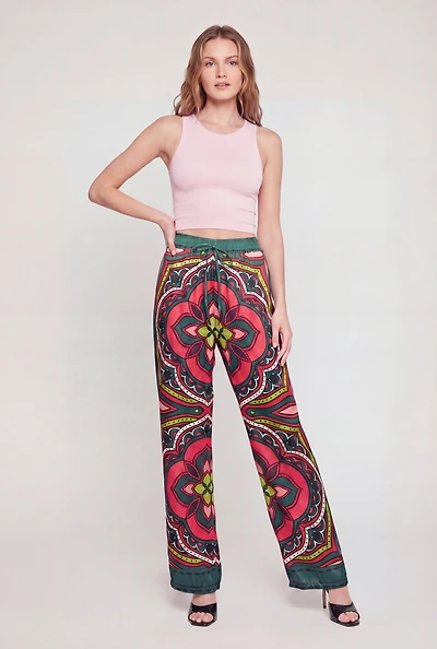 Satin Patterned High Waisted Wide Leg Pants