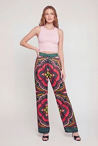 Satin Patterned High Waisted Wide Leg Pants