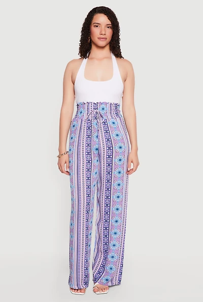 Printed Pattern Smocked Waist Palazzo Pants