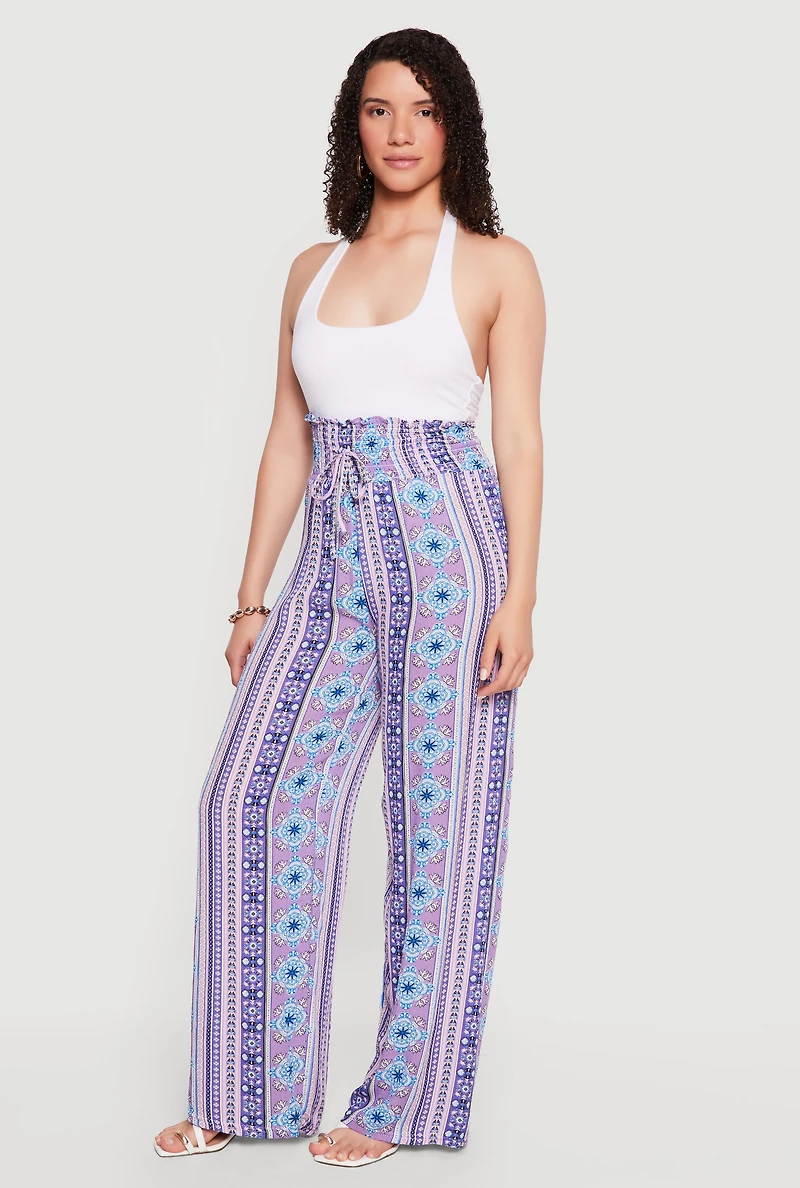 Printed Pattern Smocked Waist Palazzo Pants