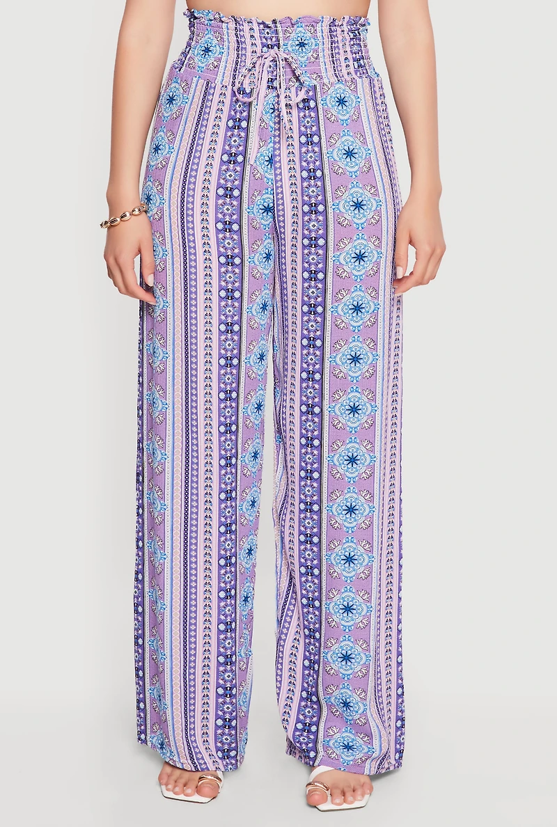 Printed Pattern Smocked Waist Palazzo Pants