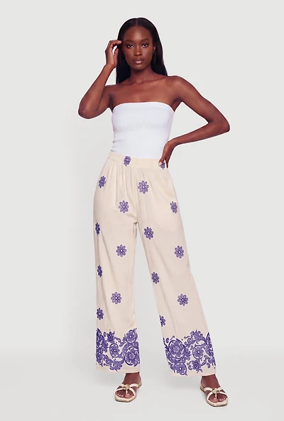 Floral Border Print High Waisted Wide Leg Pants