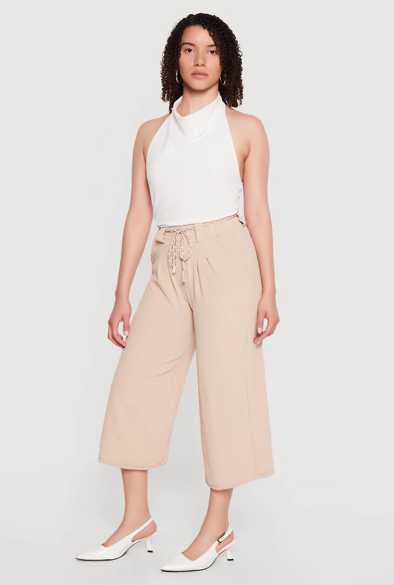 Crepe Knit Pleated High Waisted Capris Pants